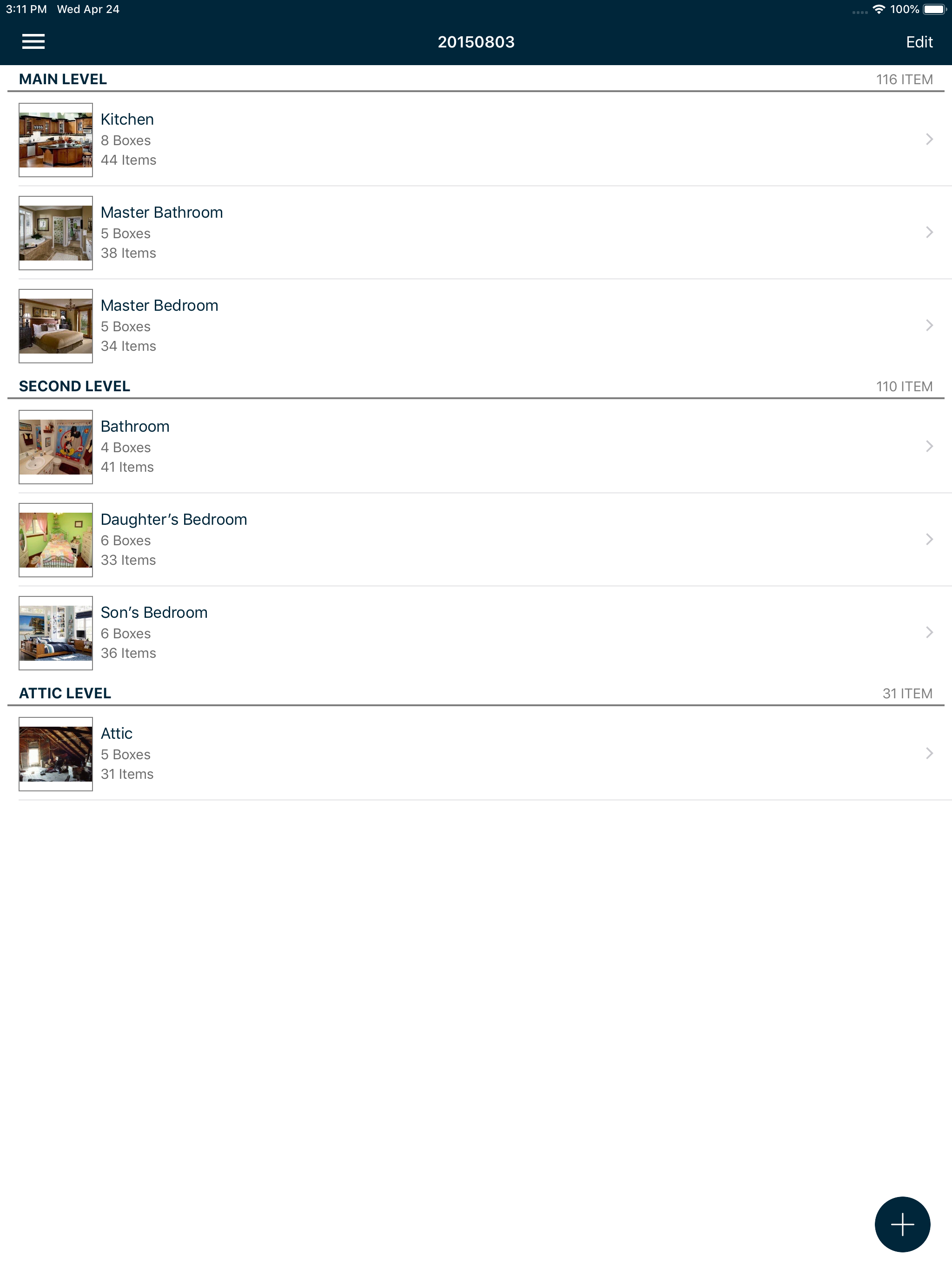 ContentsTrack pack-out inventory organized by level and room