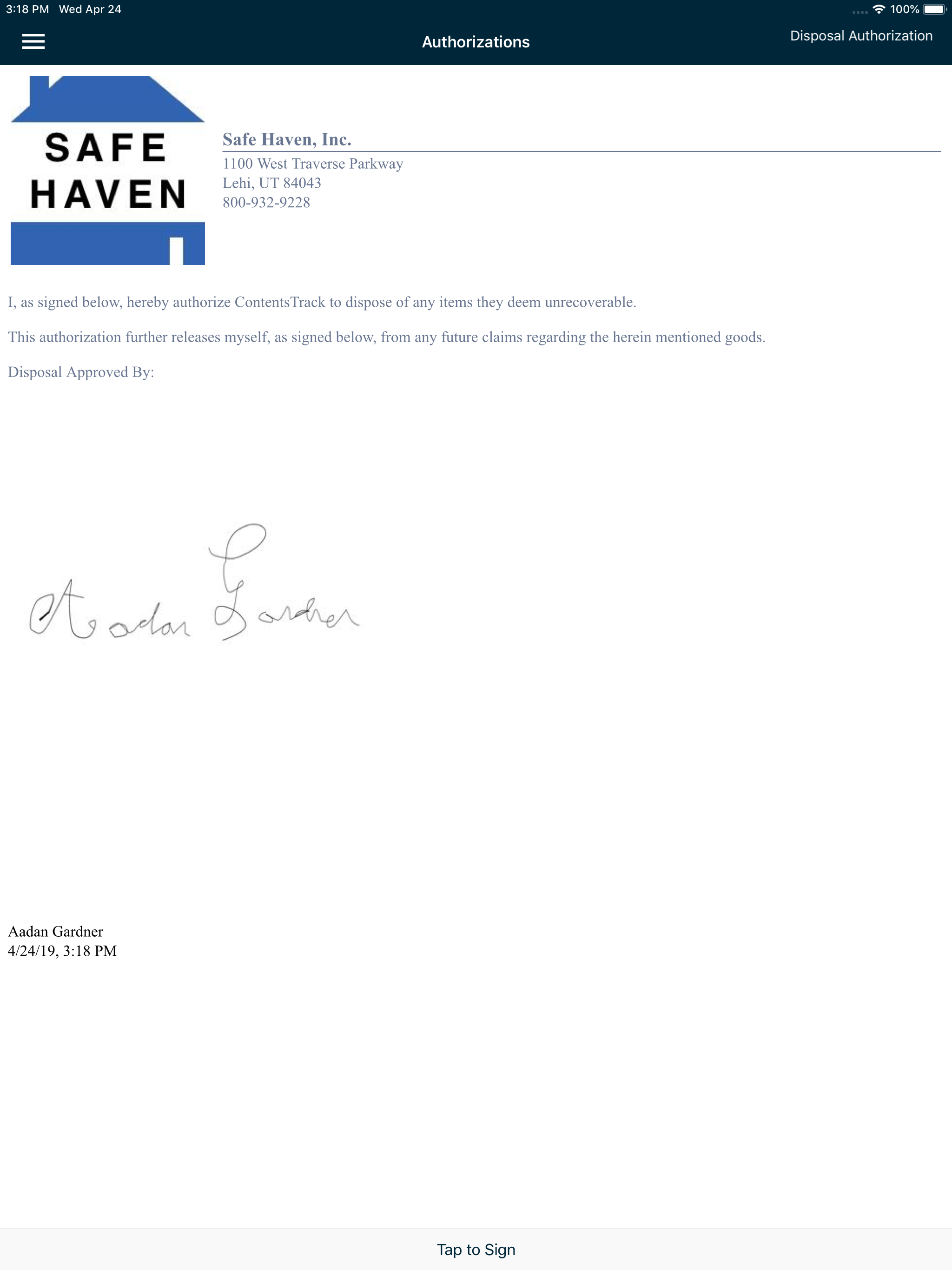 Disposal authorization with e-signature