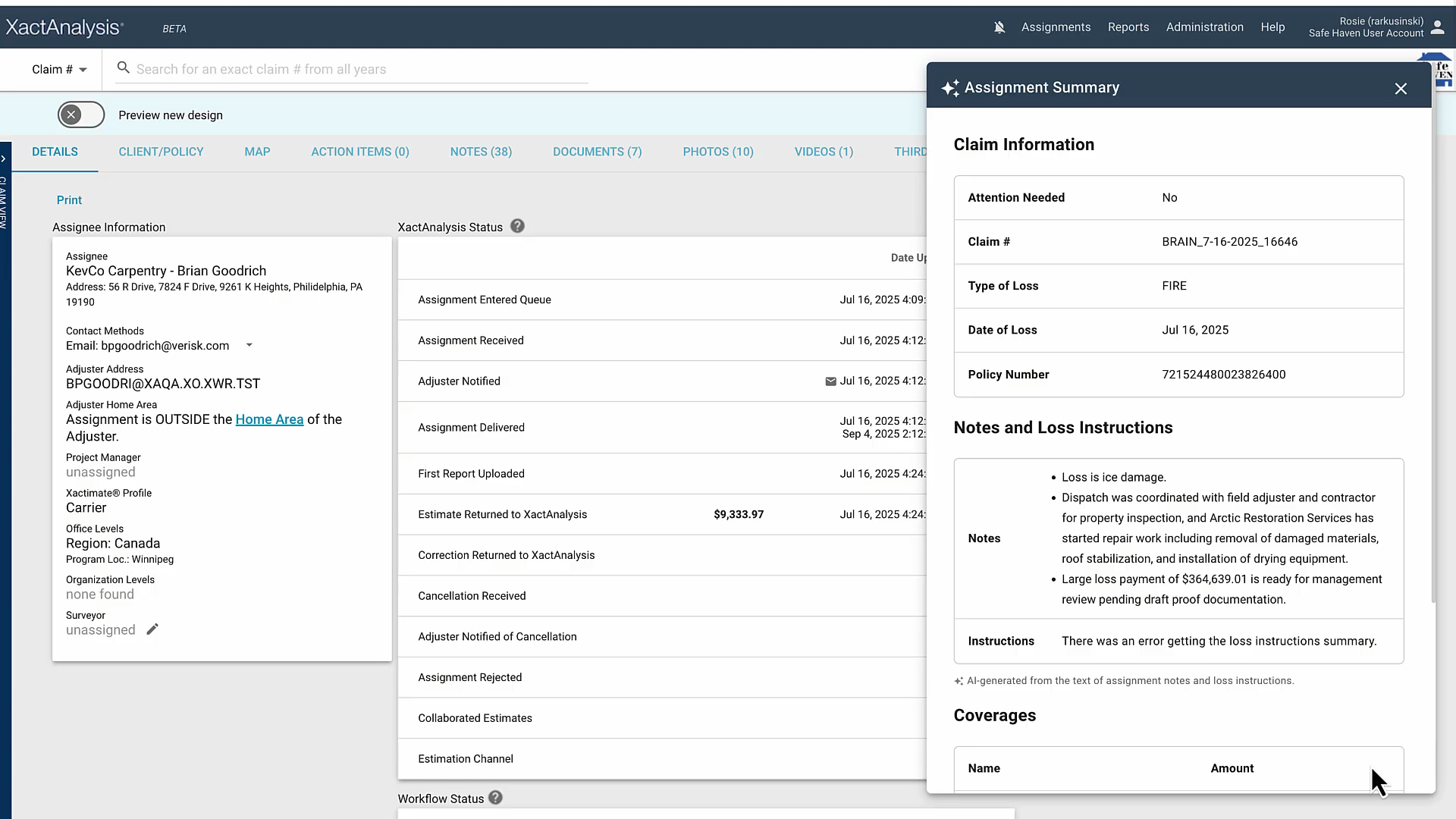 XactAnalysis claim page with the AI Assignment Summary panel