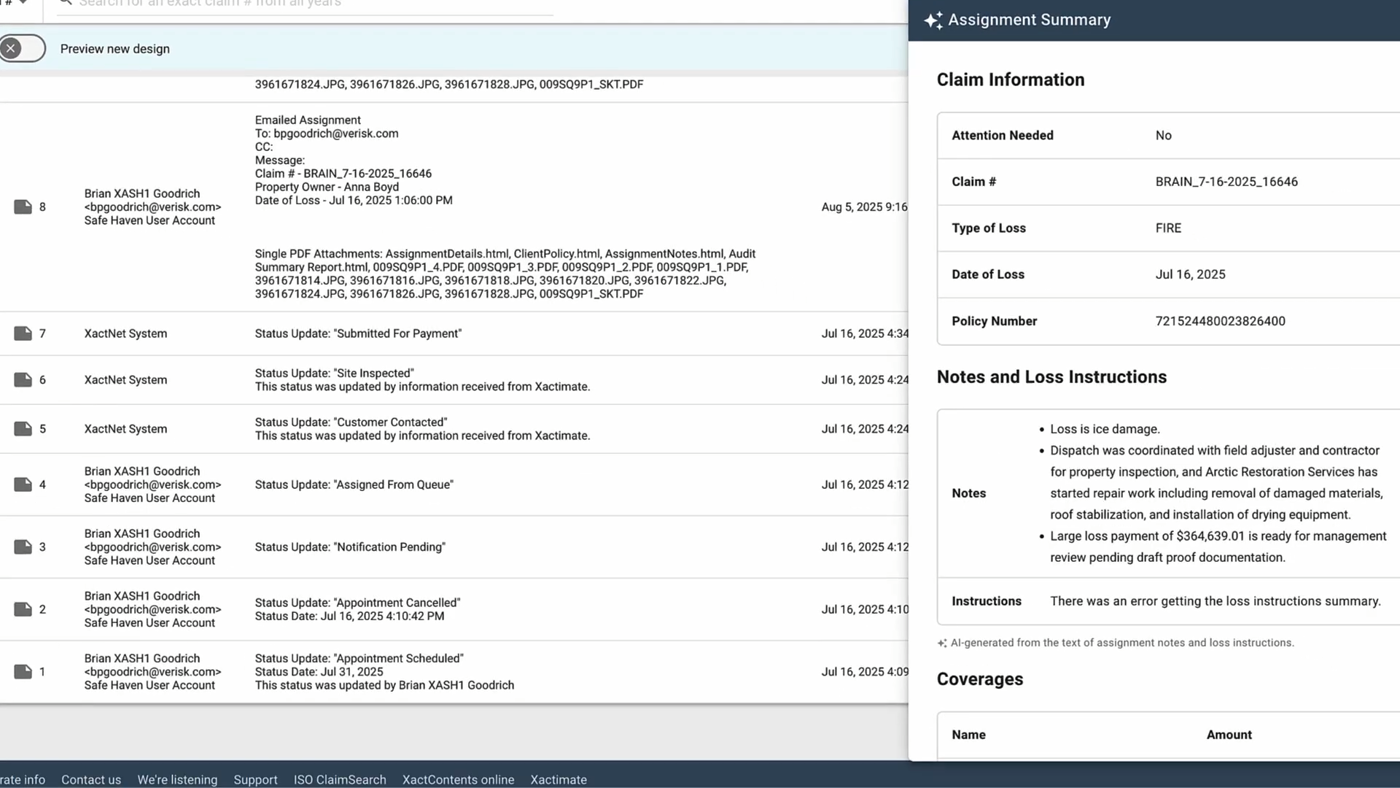 XactAnalysis claim activity and status feed