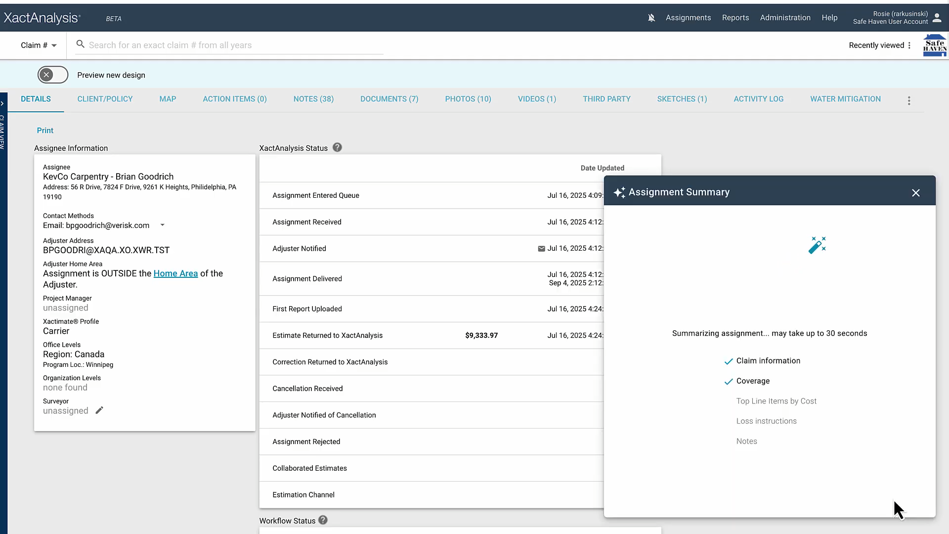 XactAnalysis generating an AI assignment summary