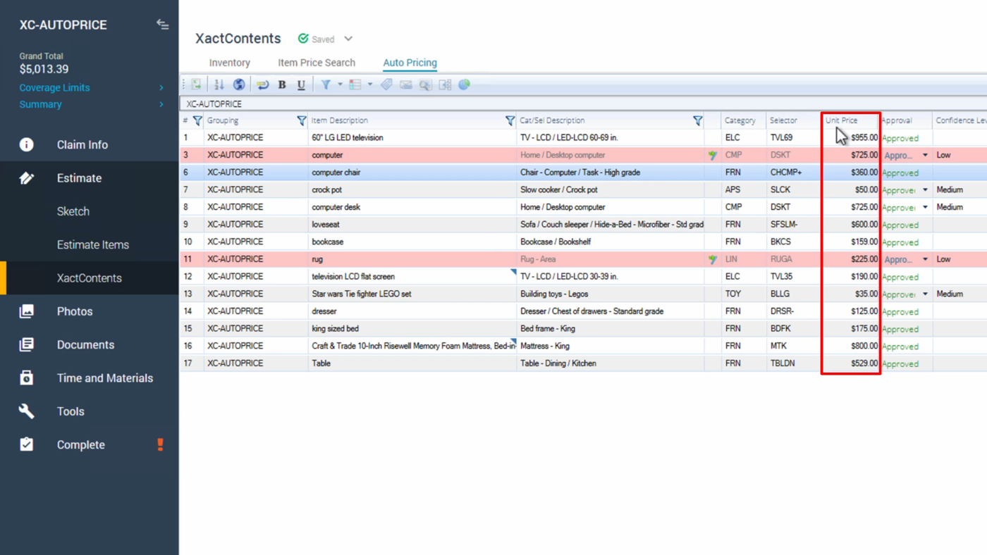 XactContents Auto Pricing inventory grid