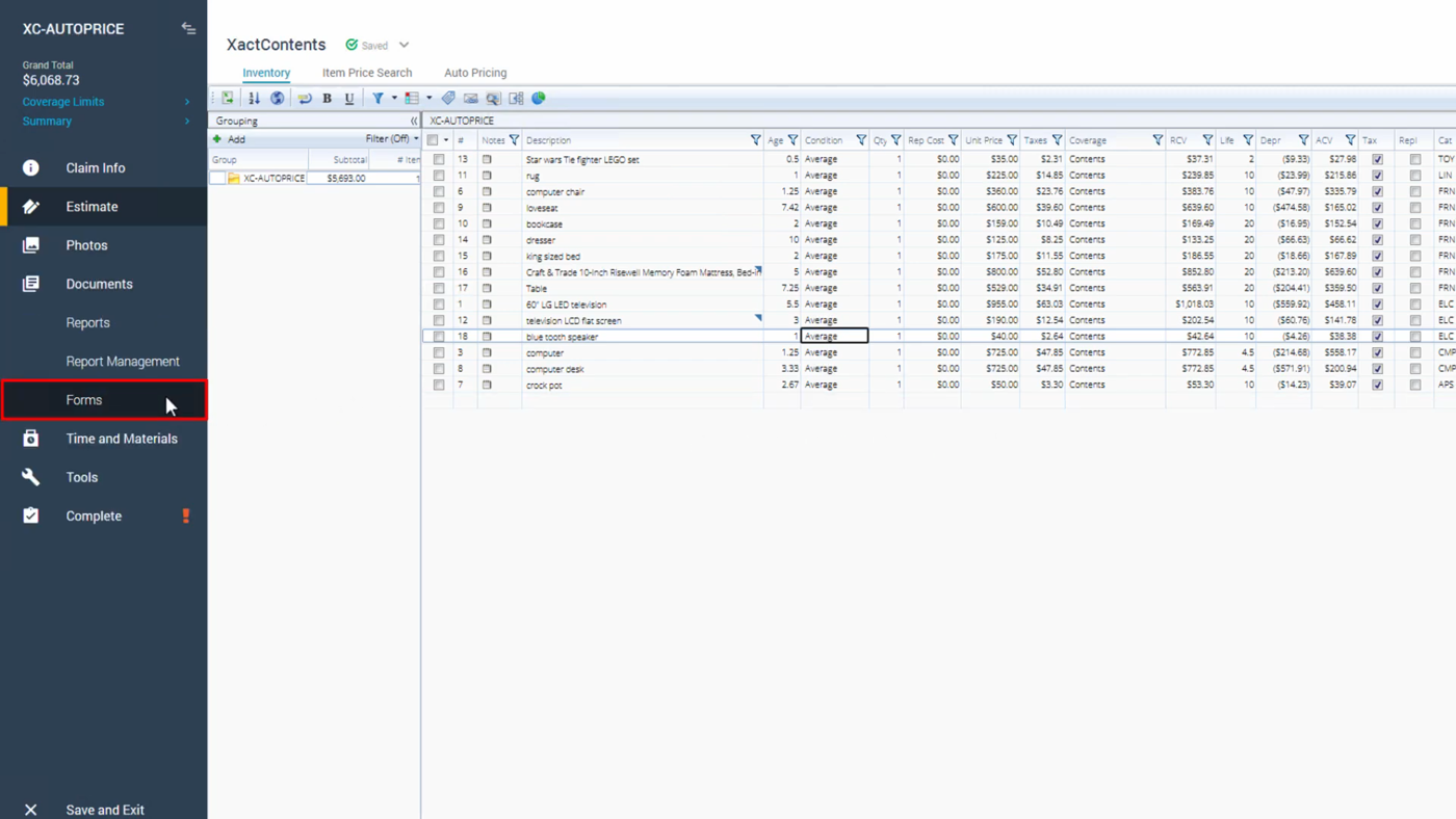 XactContents estimate sidebar with priced contents