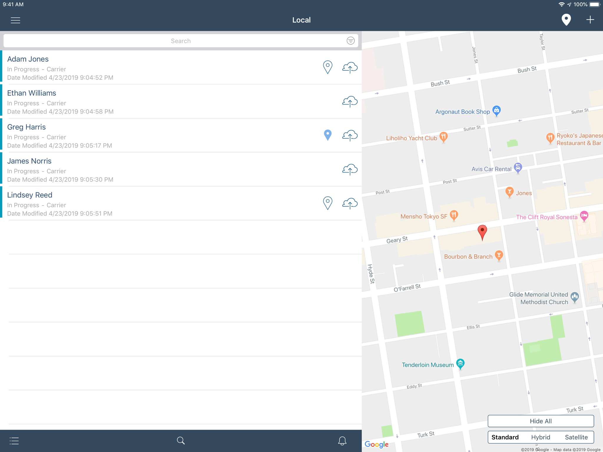 Liste de réclamations Xactimate avec carte des assignations