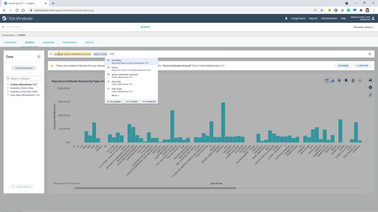 Search-driven bar chart answering a claims question in XactInsights