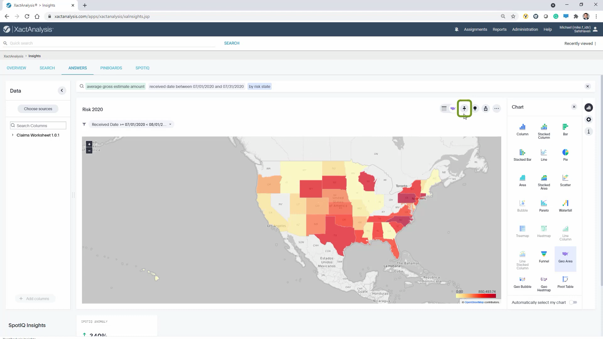 U.S. map visualization answering a claims query