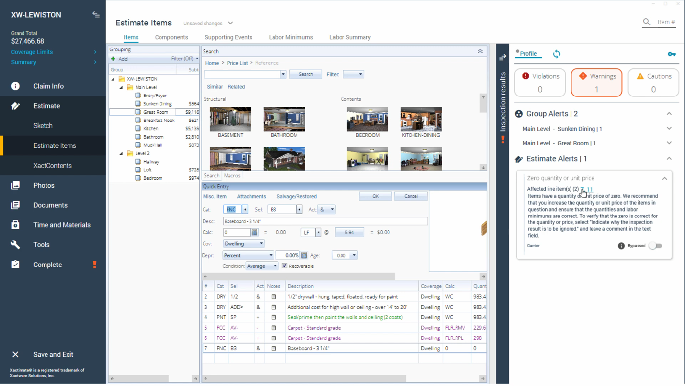 Estimate line items with XactXpert alerts panel